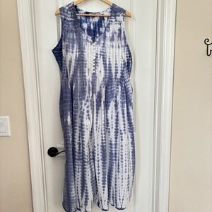 Woman Within 20W Blue Tie Dye Wide Strap Sleeveless Maxi Cotton Pockets Coastal